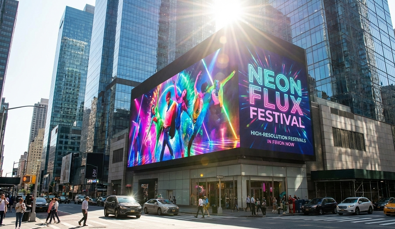A massive, high-resolution LED billboard mounted on a glass skyscraper in a busy city intersection. Despite bright sun flaring directly above the screen, the display remains vivid and clear, showing a colorful neon advertisement for a festival. Below, traffic and pedestrians fill the street.