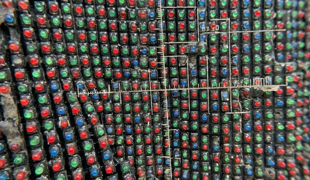 A macro close-up view of an LED display panel, revealing a textured grid of individual red, green, and blue diodes. White measurement crosshairs and ruler markings overlay the pixel grid, highlighting the technical engineering and pixel pitch of the screen hardware.