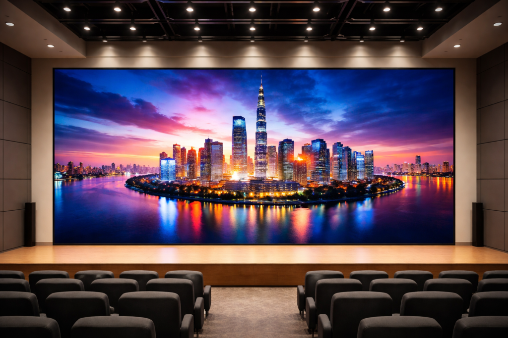 Indoor SMD LED display screen in a modern auditorium showing a high-resolution cityscape, featuring vibrant colors, bright lighting, and professional presentation setup.